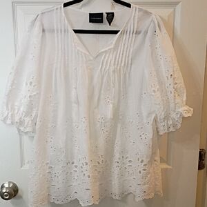 White Cotton Eyelet Pintuck Peasant Blouse